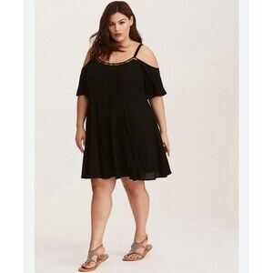 Torrid Black Mini Gauze Cold Shoulder Trapeze Dress Gold Sequins Size 1X Flowy